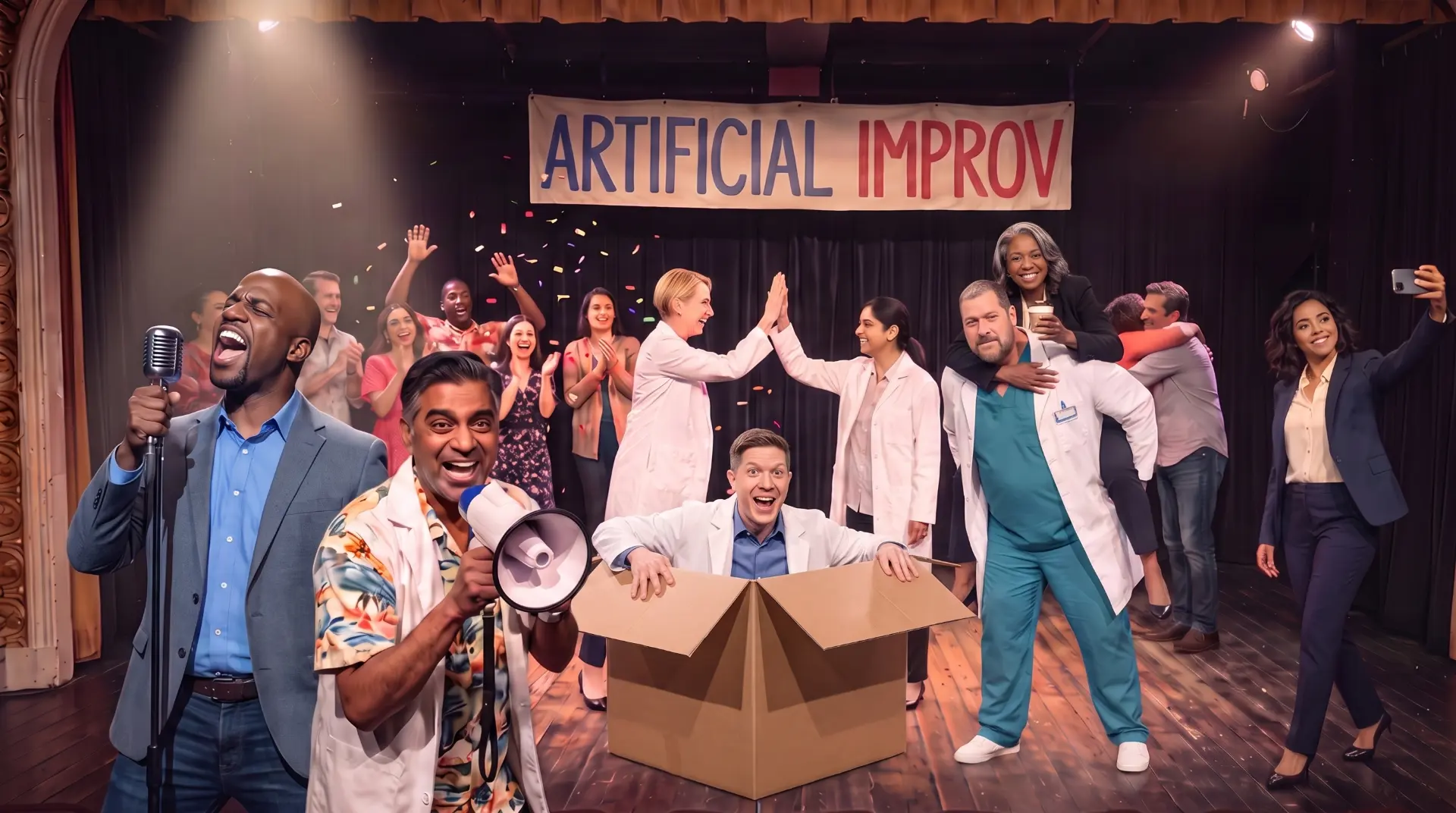 The Artificial Improv troupe on stage under a hand-painted banner