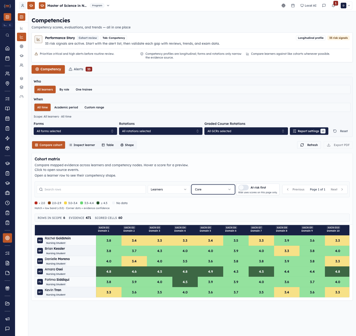 Nursing competency matrix with student rows and evidence across competency domains