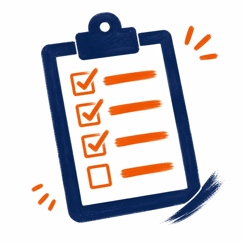 A navy clipboard with orange checkmarks, one row still open
