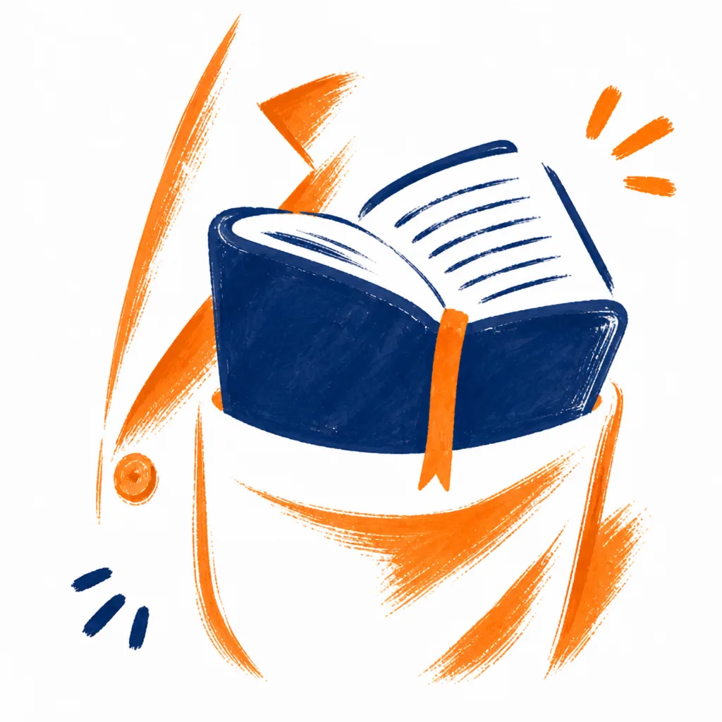 A navy coat-pocket notebook with an orange bookmark ribbon, already open