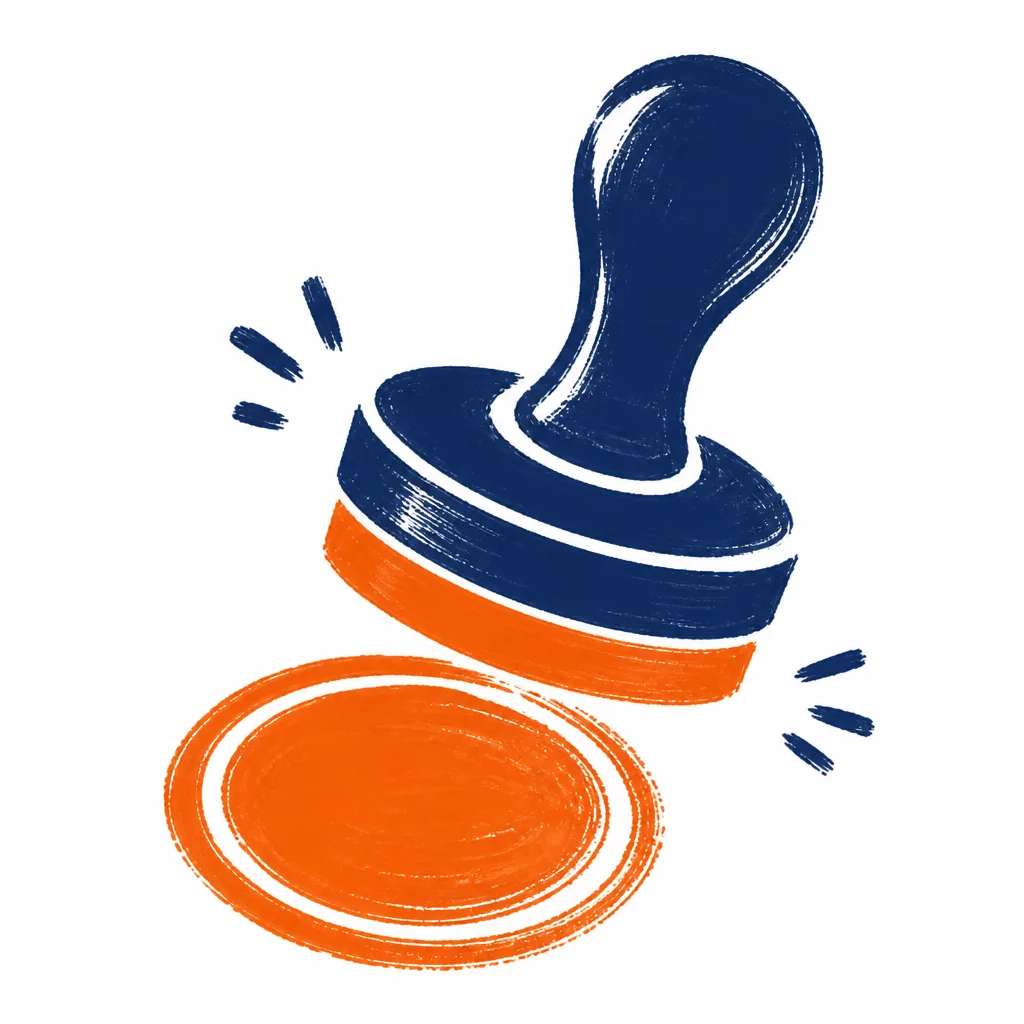 A navy stamp already pressed into an orange ink pad
