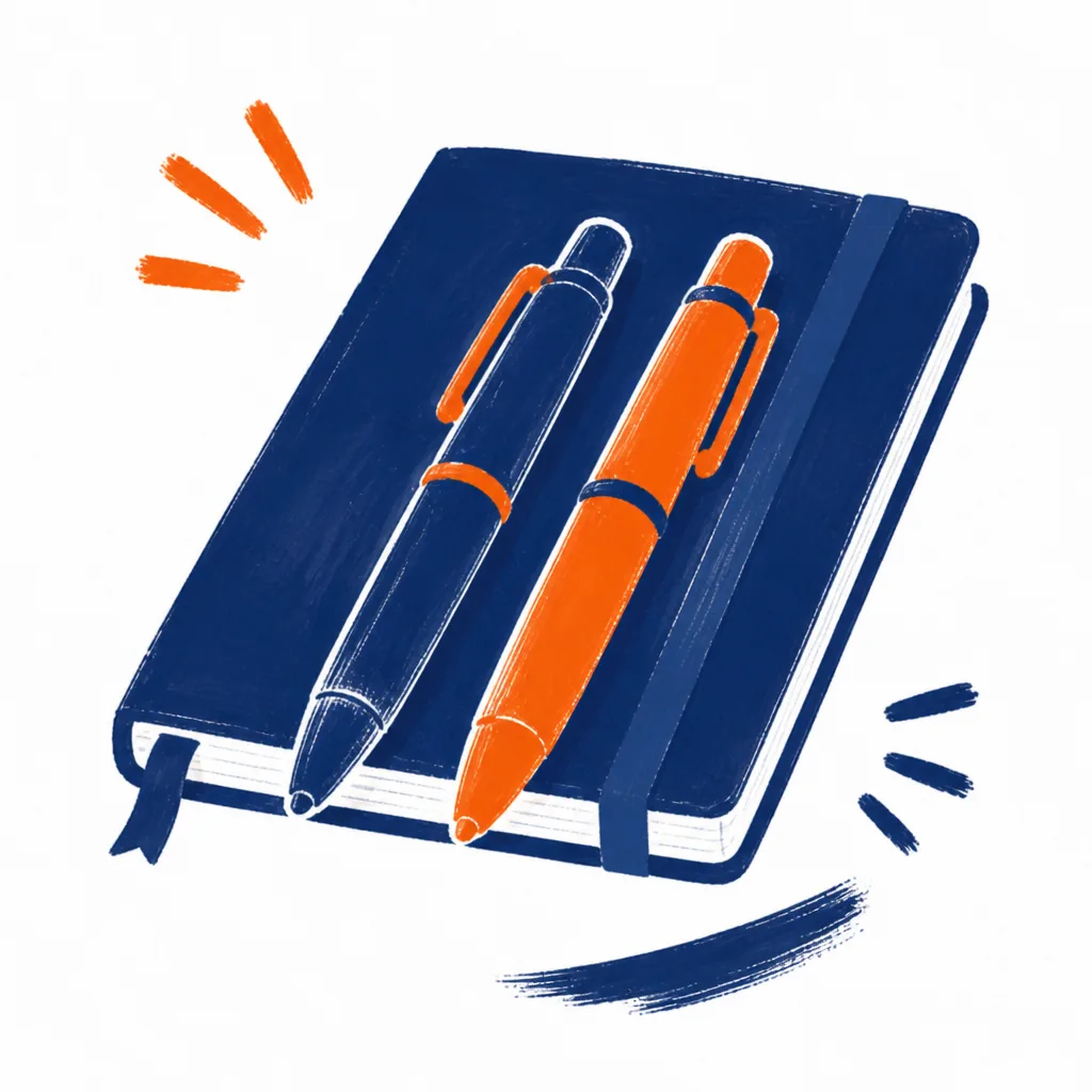 A navy logbook shared by two pens, one navy and one orange