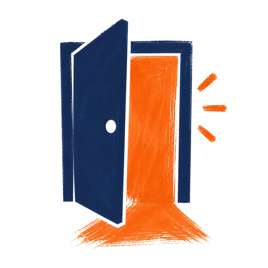 A navy lecture-hall door ajar, orange light spilling out