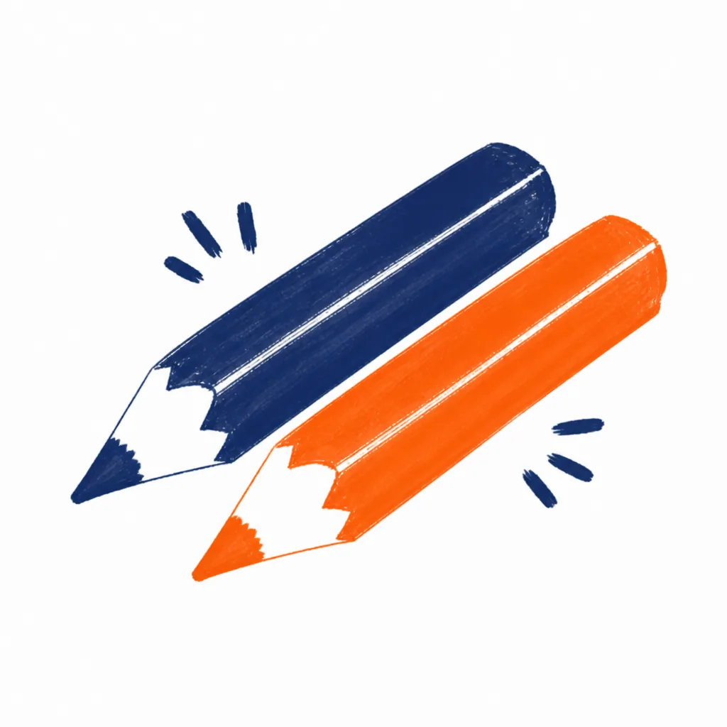 Two pencils, navy and orange, lying parallel and pointing the same way