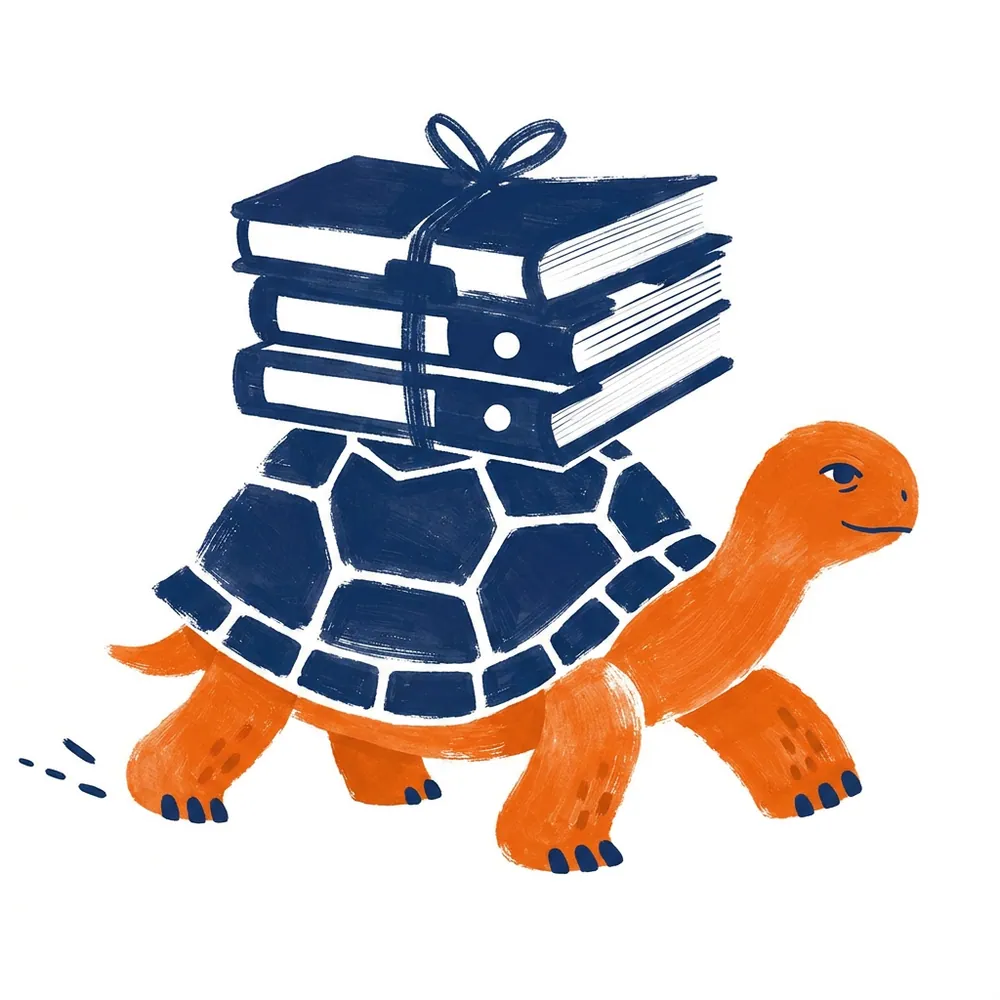 An orange tortoise calmly carrying a tied stack of three navy folders on its shell