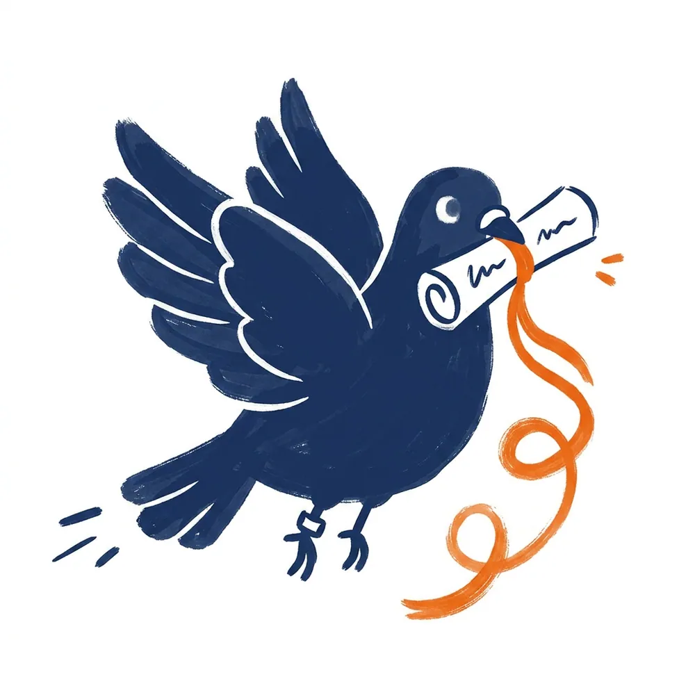 A carrier pigeon in flight delivering a small handwritten evaluation scroll tied with an orange ribbon