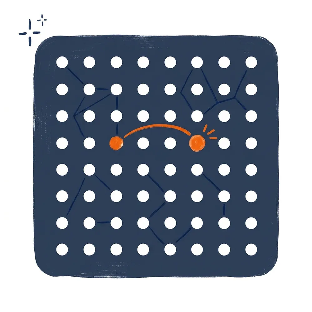 A vintage hospital call-light board reimagined as a constellation chart, with a few bulbs glowing orange and an arc tracing an early intervention