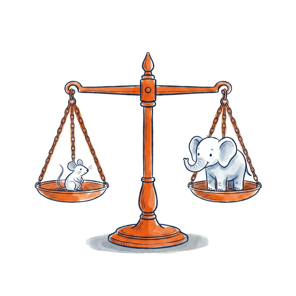A hand-drawn watercolor apothecary balance scale, perfectly level, with a tiny mouse on one pan and a small elephant on the other