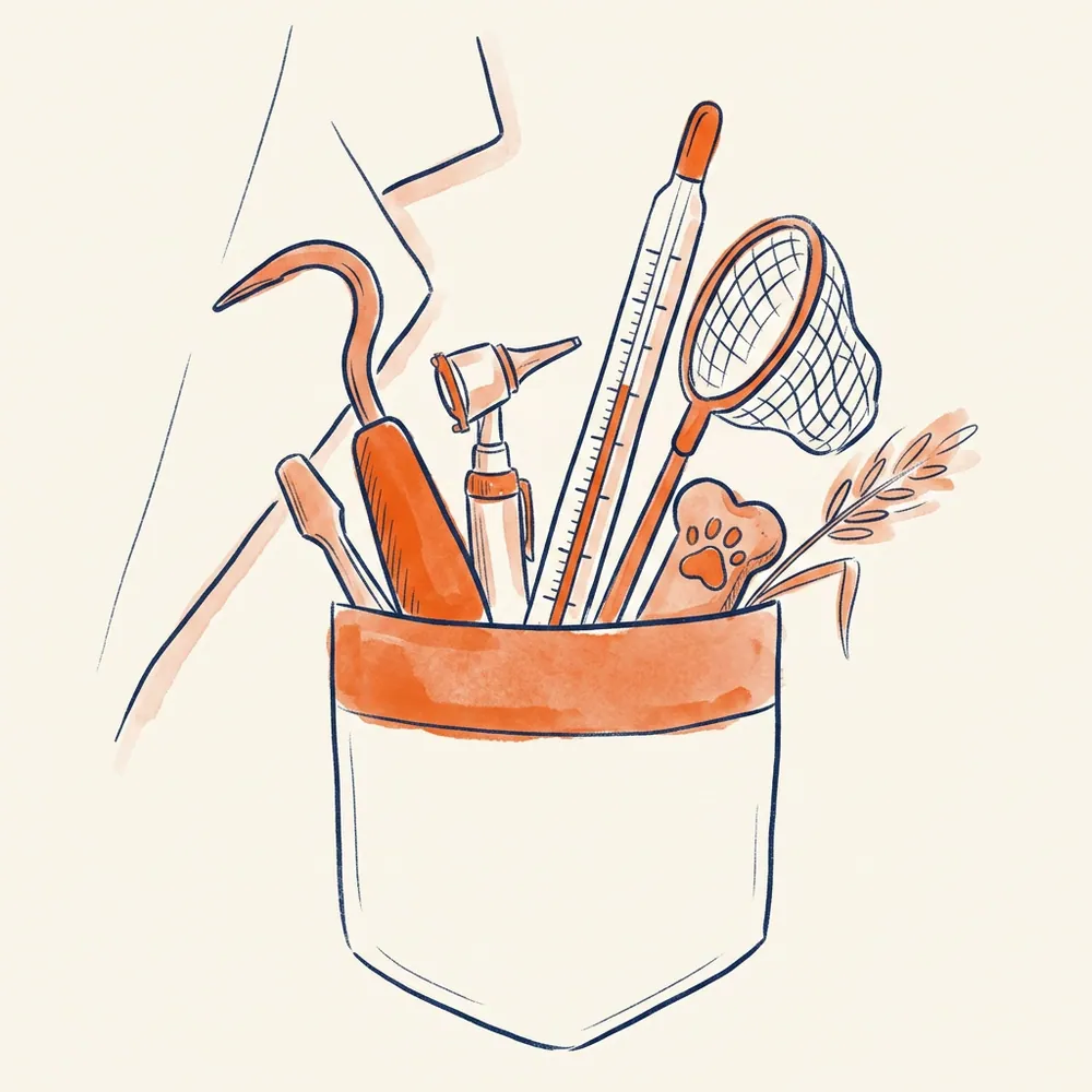 A hand-drawn watercolor white-coat chest pocket overflowing with cross-species tools: a hoof pick, tiny otoscope, oversized thermometer, fish net, paw-print biscuit and a sprig of hay