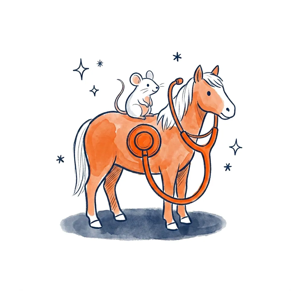 A hand-drawn watercolor scene of a small white mouse sitting on the back of a tiny orange horse, with a single stethoscope draped over both — listening to two species at once