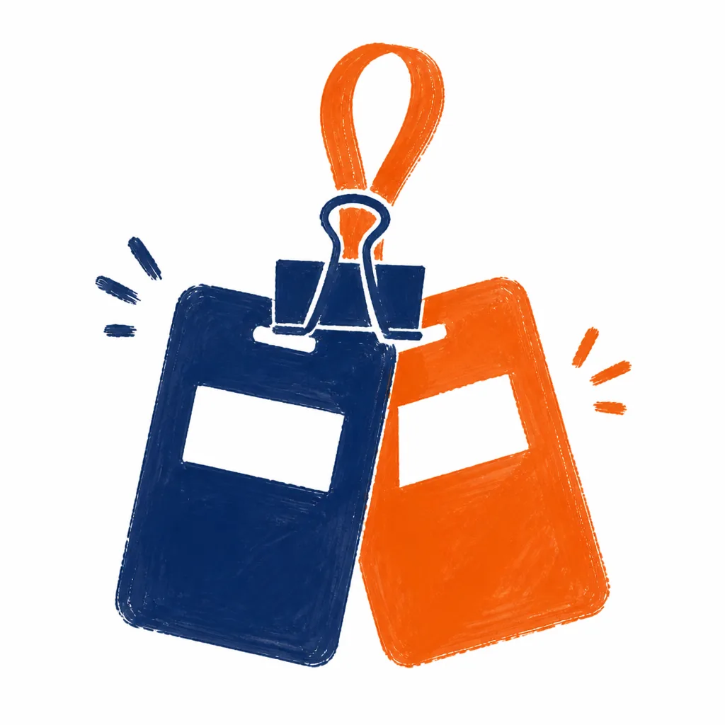 Two name badges, navy and orange, already clipped together on one lanyard
