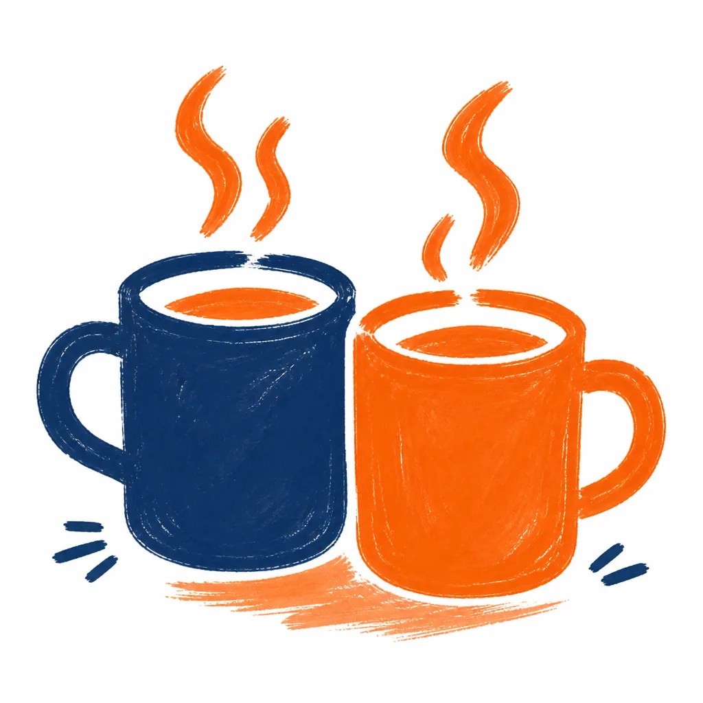 Two mugs, navy and orange, sitting together with steam rising