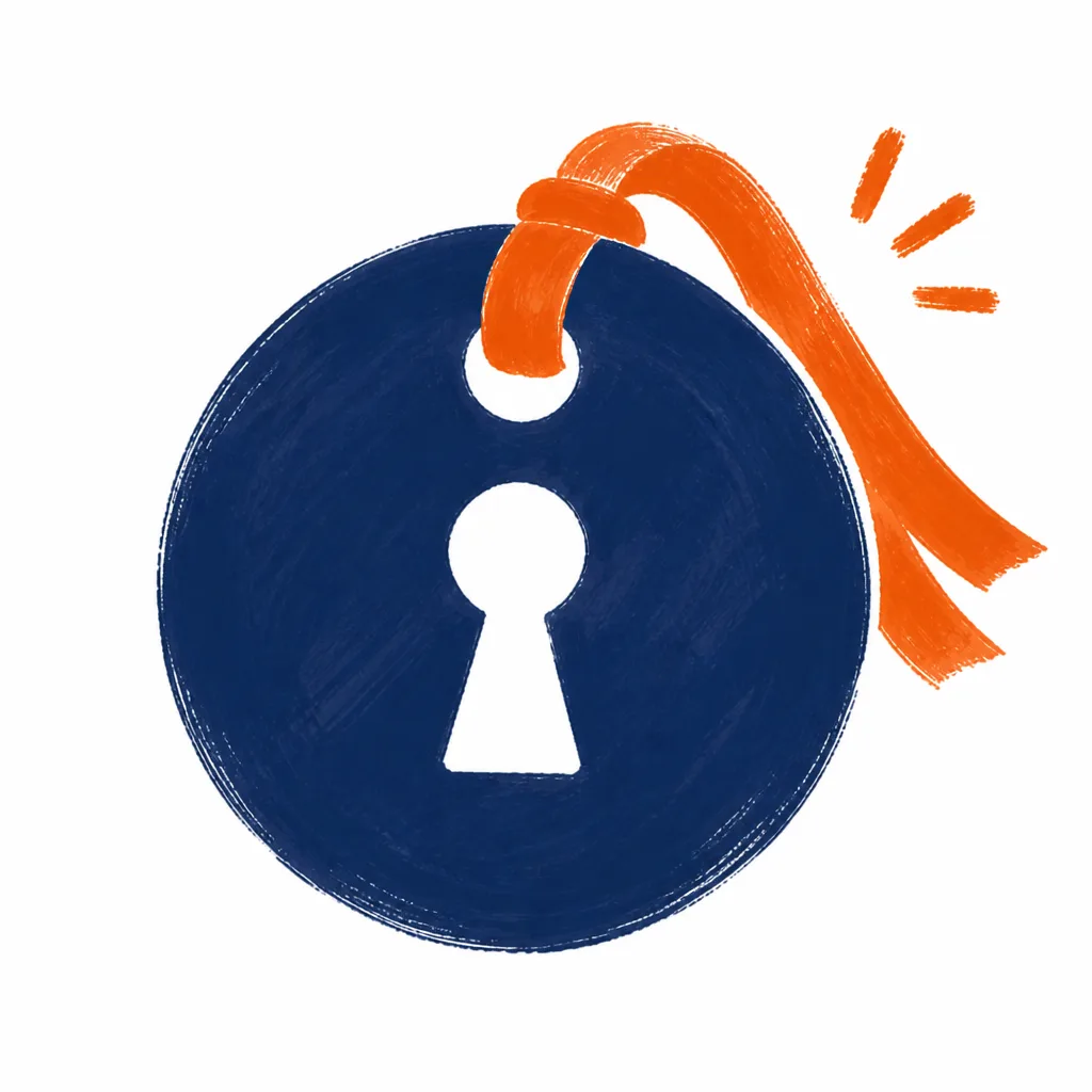 A navy coat-check token with a keyhole cutout, hanging from an orange ribbon