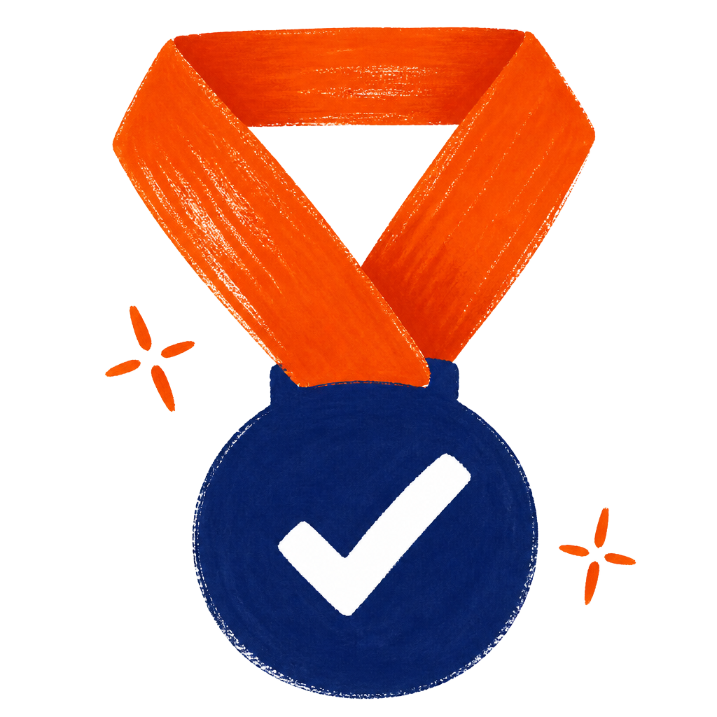 Illustration of a medal with a checkmark on an orange ribbon