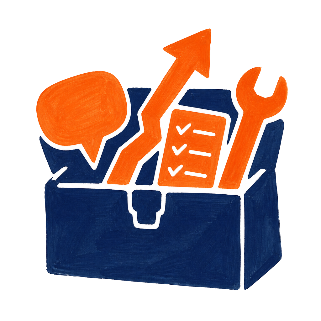 Illustration of a toolbox holding a rising arrow, a checklist, and a speech bubble