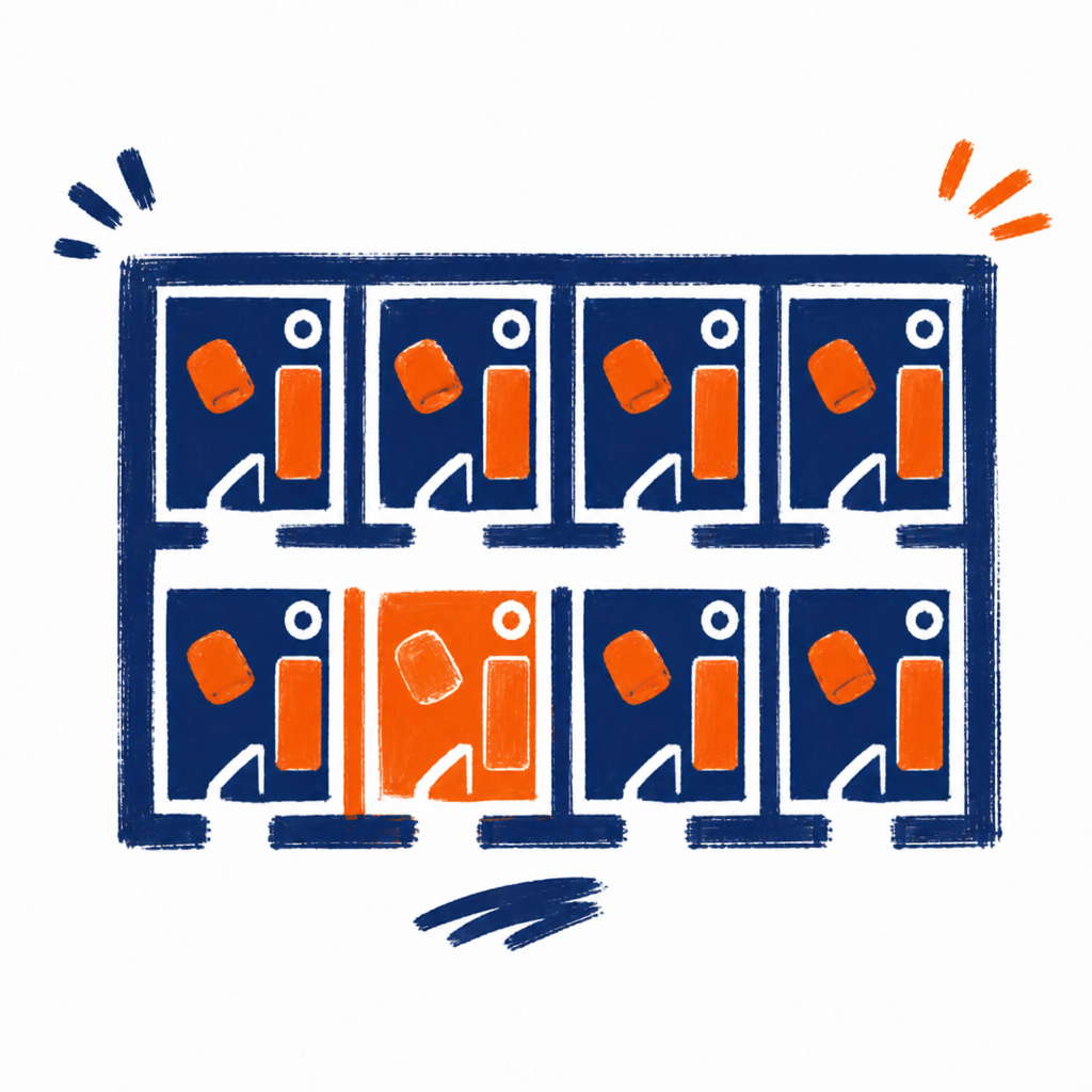 A navy station grid with one orange room already seated