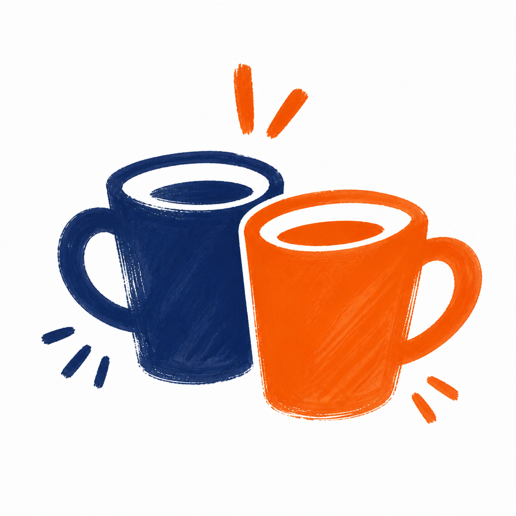 Two mugs, navy and orange, sitting together with steam rising