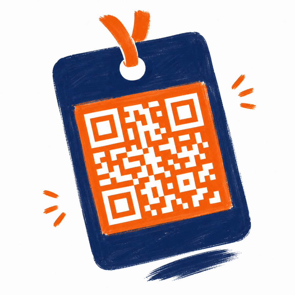A navy station token card with an orange QR block hanging from a ribbon