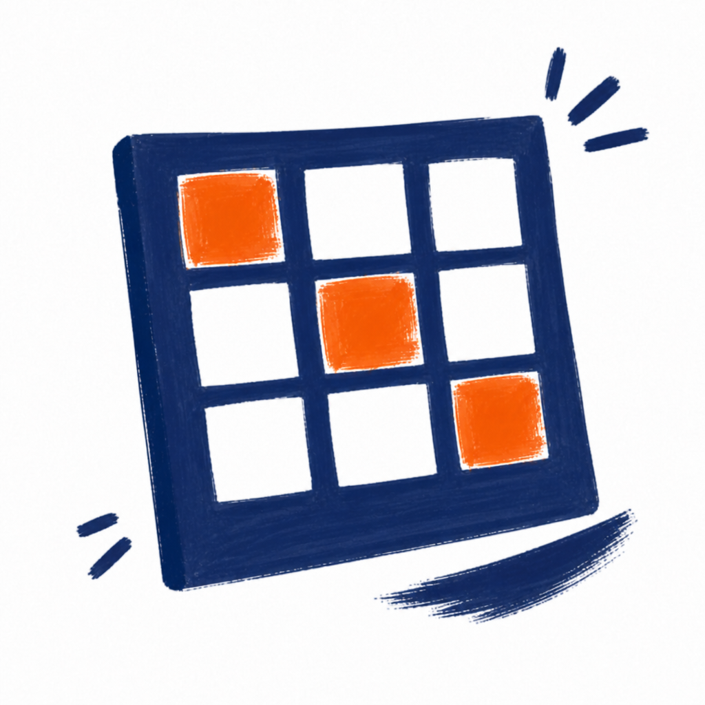 A navy live-status board with orange cells already marked complete