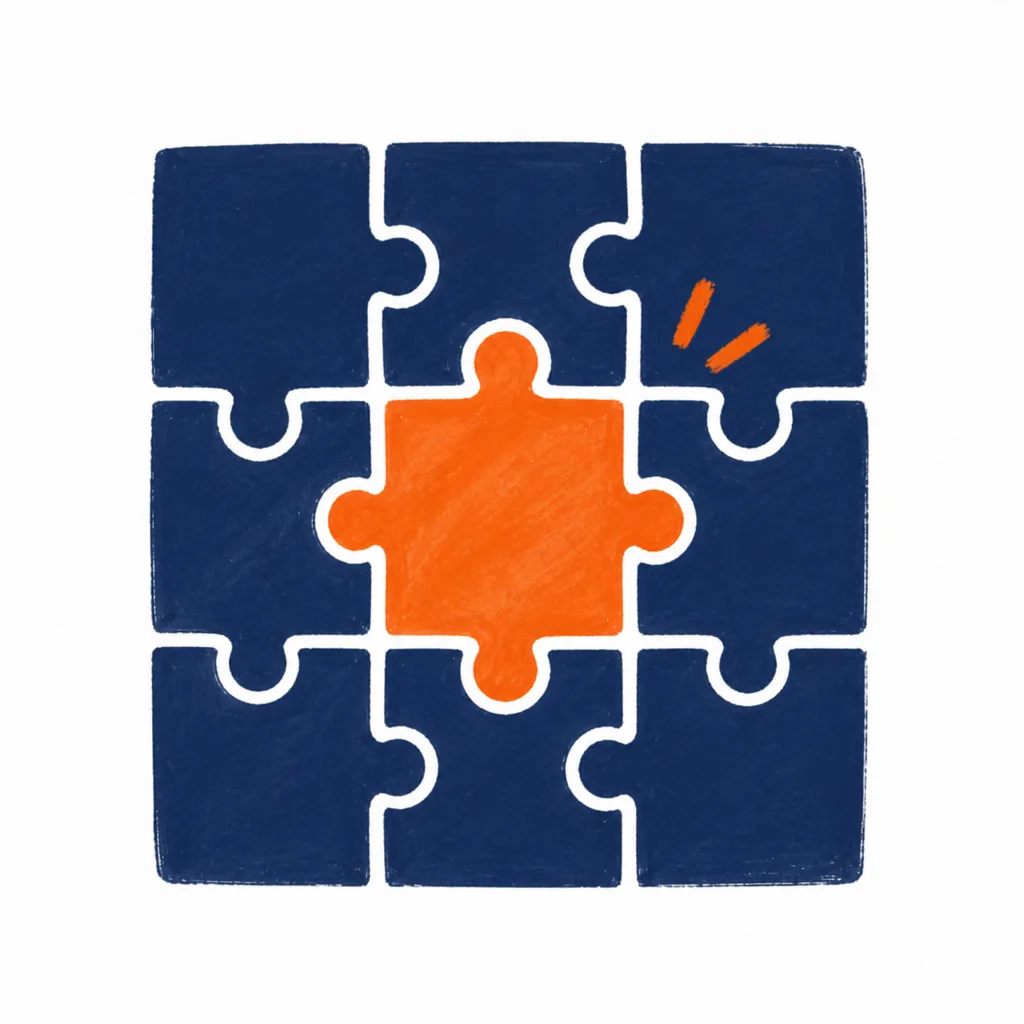 An orange puzzle piece already seated in a navy grid
