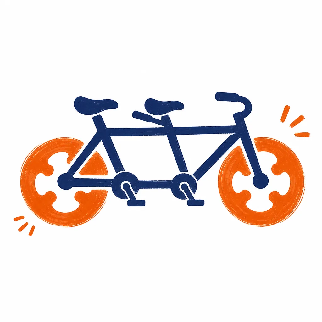 A tandem bicycle, navy frame and orange wheels, two seats one ride