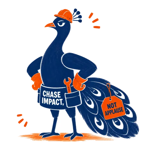 A navy peacock in a slightly too-small hard hat and orange work gloves, tail folded, tool belt reading Chase Impact. A tag on the tail says Not Applause.