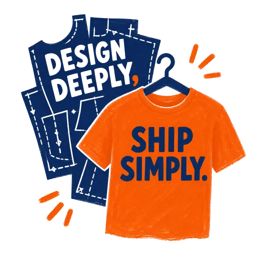 A simple orange t-shirt printed Ship Simply, hanging in front of a navy sewing pattern labeled Design Deeply.