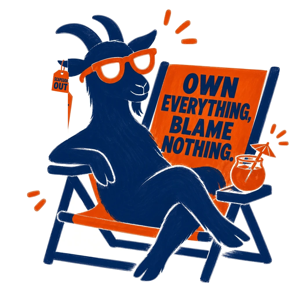 A navy goat in orange sunglasses reclining in a lawn chair. The luggage tag on its horn reads Scapegoat Out. The chair back reads Own Everything, Blame Nothing.