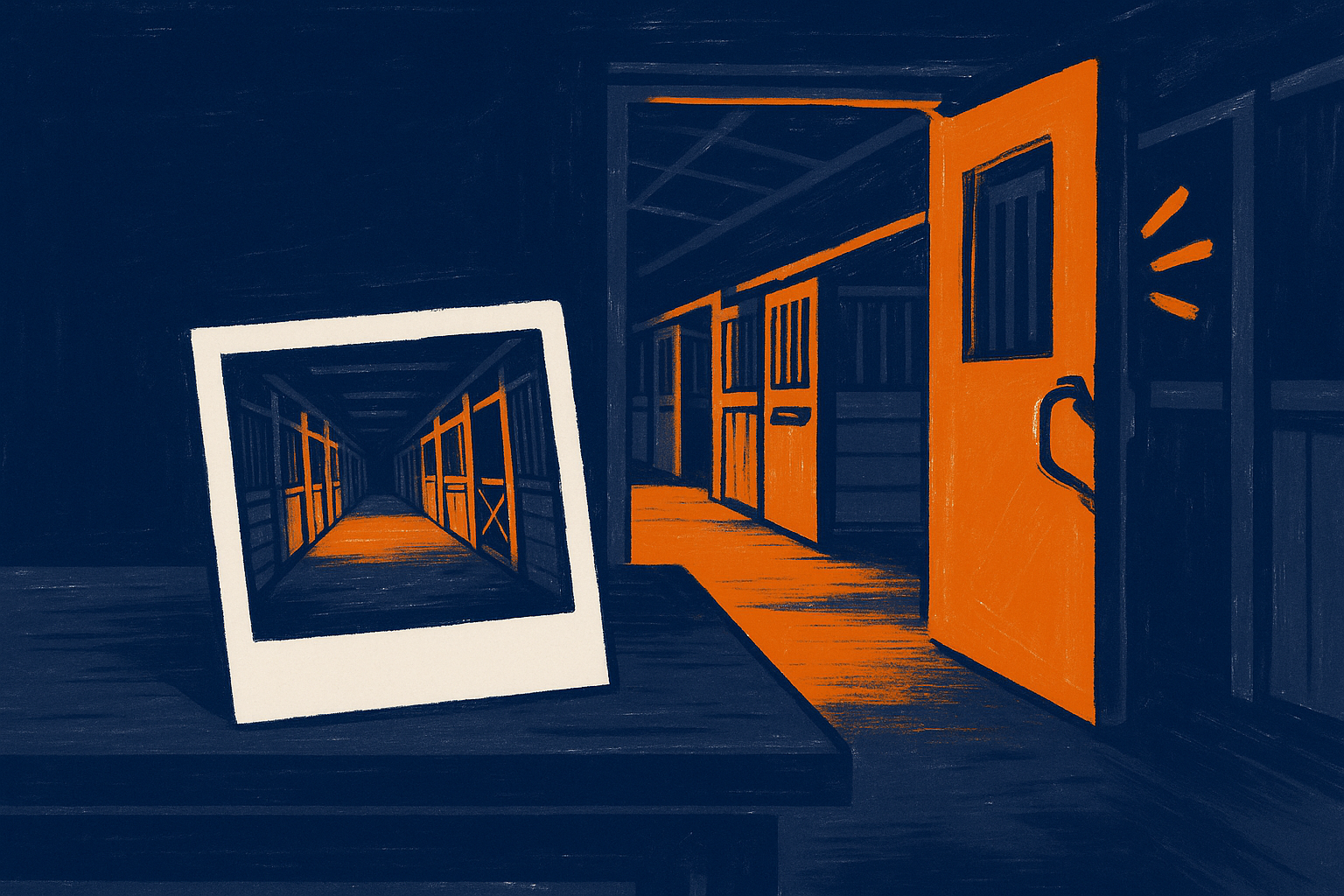 A still print of a clinic aisle on the table; behind it a stall door caught mid-swing: a still photograph of a process that never stopped.