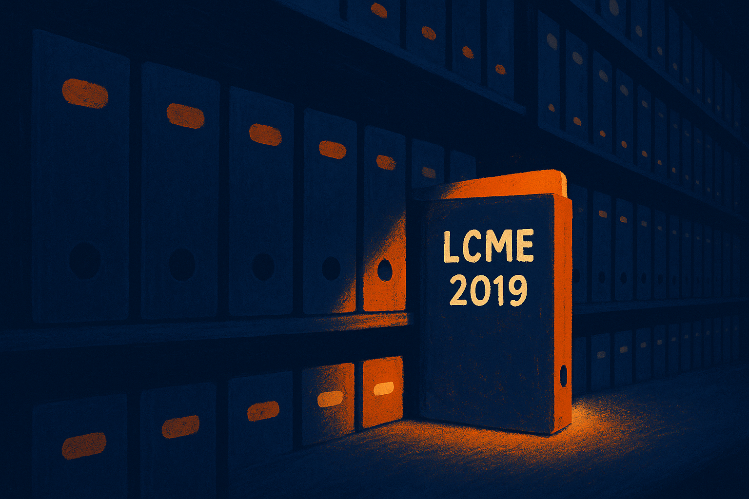 An archive shelf in a dim records room; one worn folder labeled "LCME 2019" pulled halfway out: the inherited mystery every accreditation lead recognizes.