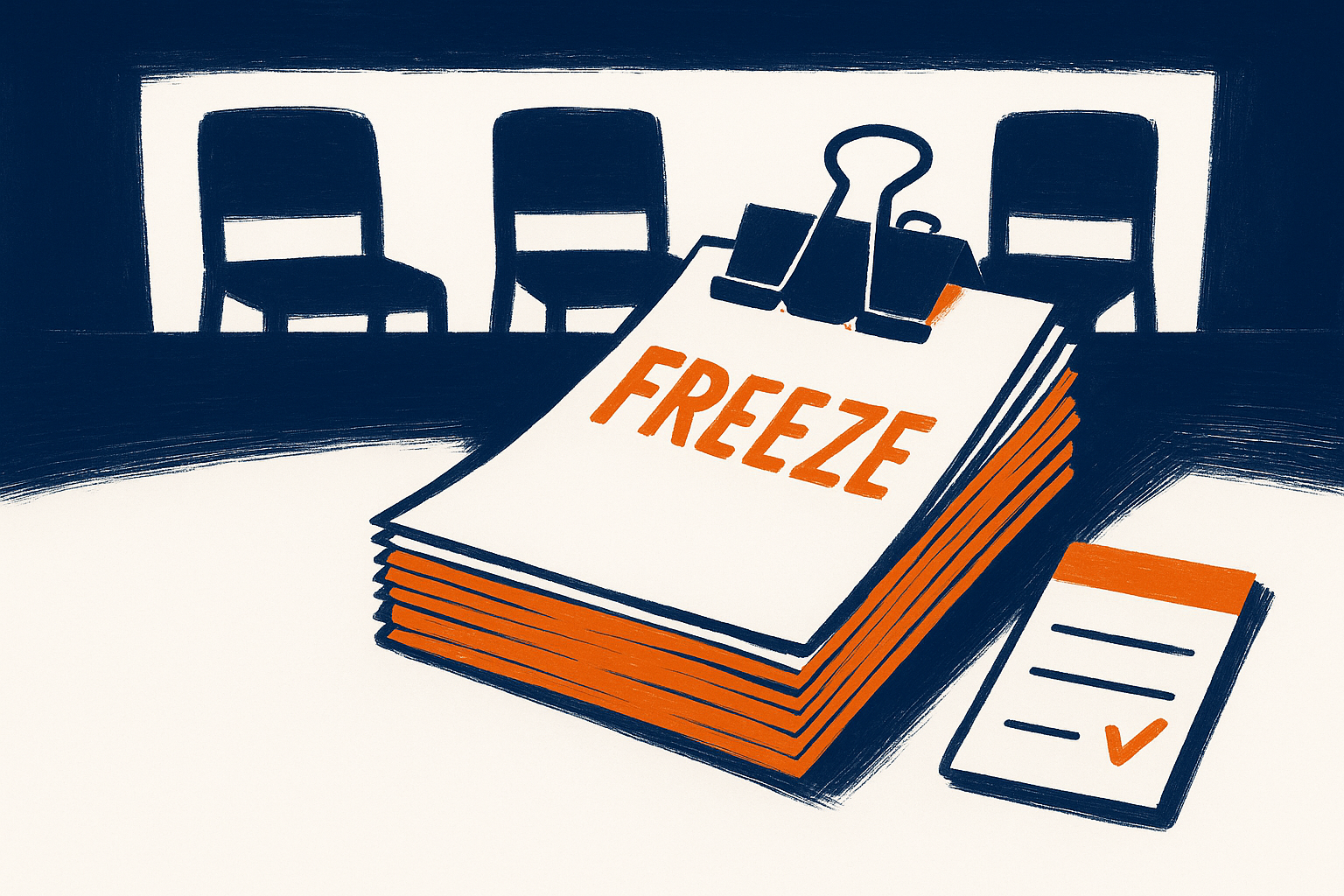 A submitted packet clipped shut under a freeze, a parking-list notepad beside it, empty interview chairs behind. Rehearse what they will hold.