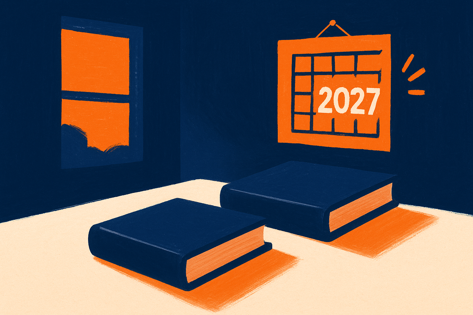 A quiet office: two closed standards volumes on the desk, a wall calendar with 2027 catching the only warm light: the visit year choosing the edition.